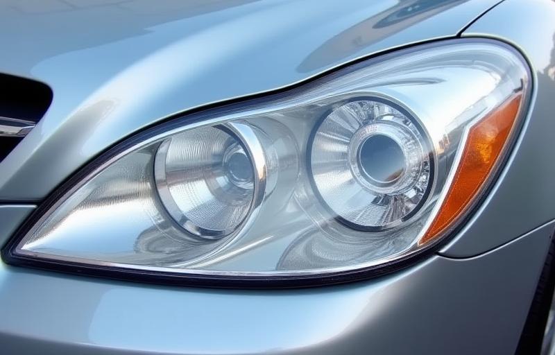 Same car headlight after restoration, now clear and bright.