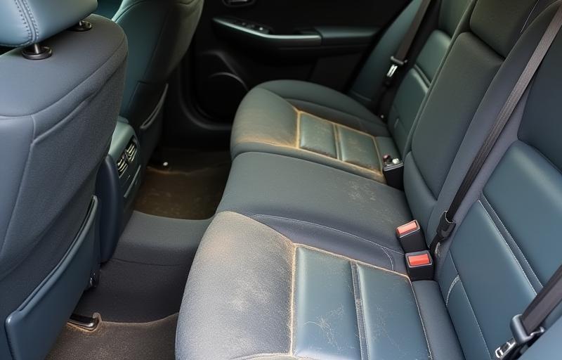 Dirty car interior before cleaning, showing stains and dust.