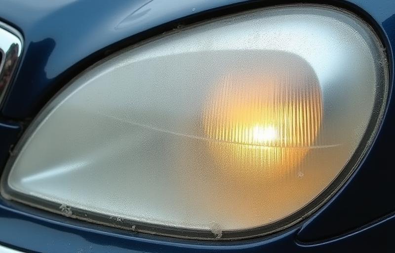 Foggy and yellowed car headlight before restoration.