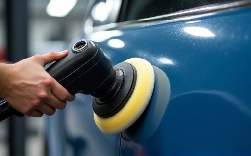 Polishing a car panel with a machine.