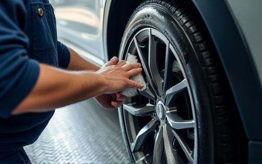 Detailer cleaning a car's wheel and tire.