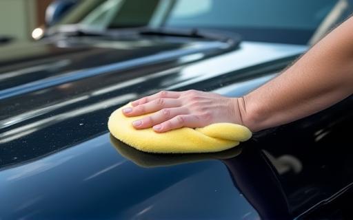 Applying wax to a polished car surface.
